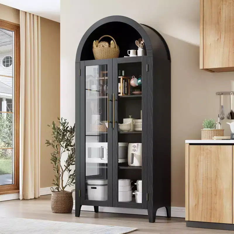 Arched Kitchen Pantry Cabinet - Farmhouse 5 Tier Display Shelf with Adjustable Shelf and 2 Large Glass Doors, Versatile Storage Cupboard for Kitchen