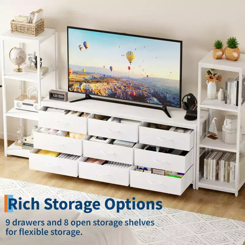Meuble TV commode avec 9 tiroirs en tissu, grand meuble de divertissement avec 2 étagères de rangement industrielles à 4 niveaux, meuble TV console moderne