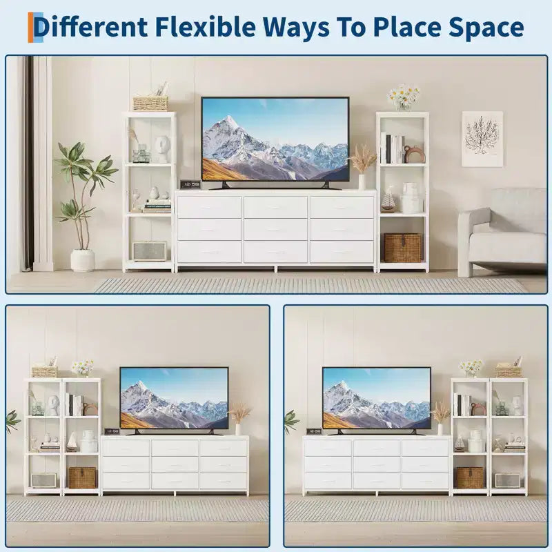 Meuble TV commode avec 9 tiroirs en tissu, grand meuble de divertissement avec 2 étagères de rangement industrielles à 4 niveaux, meuble TV console moderne