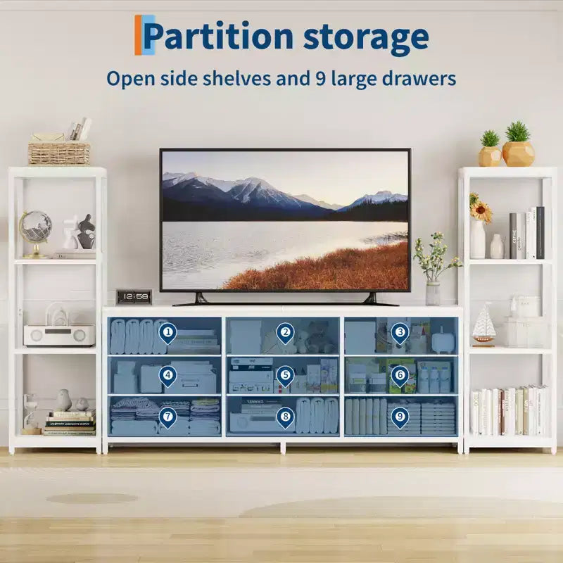 Meuble TV commode avec 9 tiroirs en tissu, grand meuble de divertissement avec 2 étagères de rangement industrielles à 4 niveaux, meuble TV console moderne