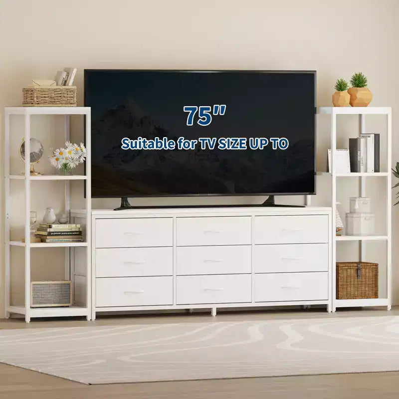 Meuble TV commode avec 9 tiroirs en tissu, grand meuble de divertissement avec 2 étagères de rangement industrielles à 4 niveaux, meuble TV console moderne