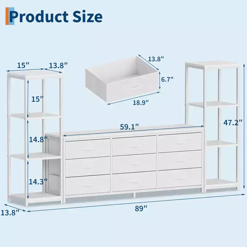Meuble TV commode avec 9 tiroirs en tissu, grand meuble de divertissement avec 2 étagères de rangement industrielles à 4 niveaux, meuble TV console moderne