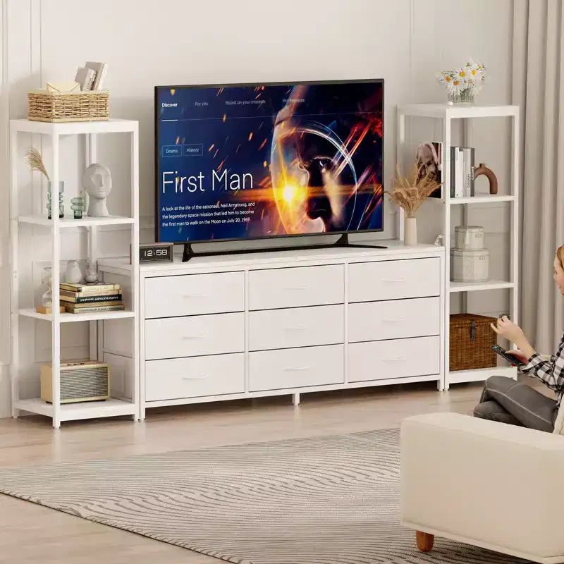 Meuble TV commode avec 9 tiroirs en tissu, grand meuble de divertissement avec 2 étagères de rangement industrielles à 4 niveaux, meuble TV console moderne