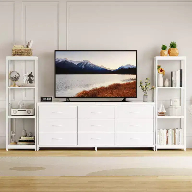 Meuble TV commode avec 9 tiroirs en tissu, grand meuble de divertissement avec 2 étagères de rangement industrielles à 4 niveaux, meuble TV console moderne