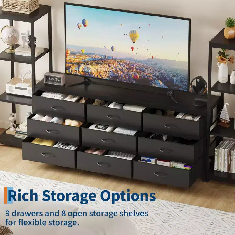 Meuble TV commode avec 9 tiroirs en tissu, grand meuble de divertissement avec 2 étagères de rangement industrielles à 4 niveaux, meuble TV console moderne