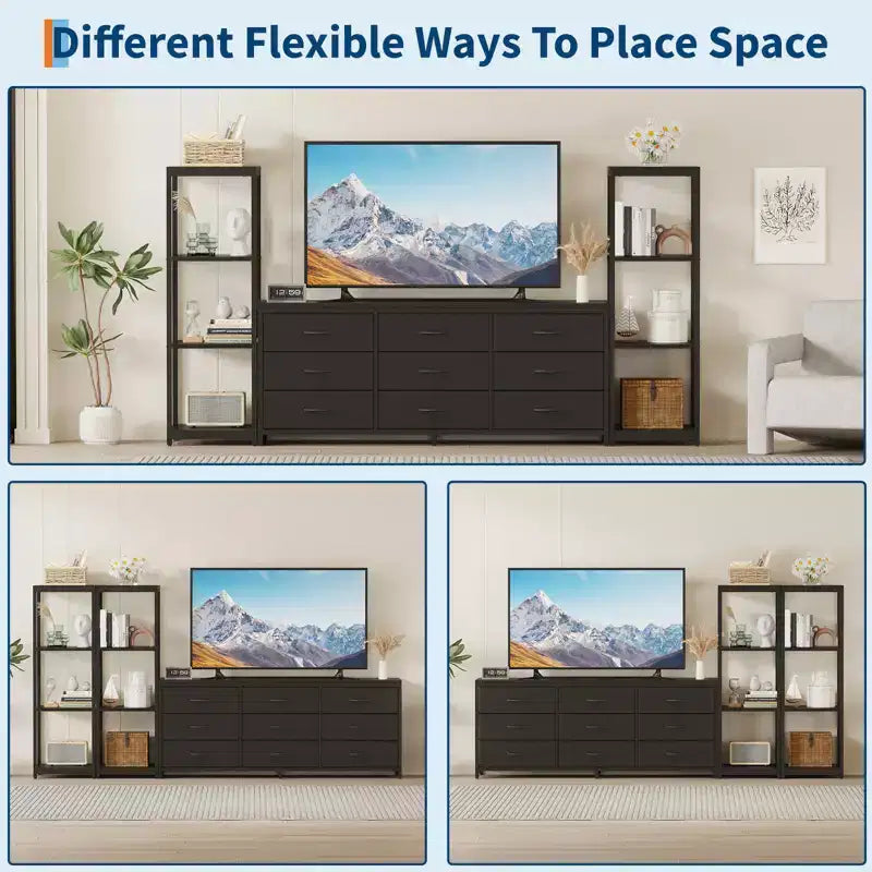 Meuble TV commode avec 9 tiroirs en tissu, grand meuble de divertissement avec 2 étagères de rangement industrielles à 4 niveaux, meuble TV console moderne