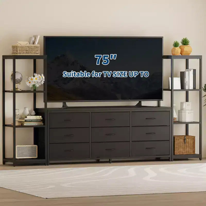 Meuble TV commode avec 9 tiroirs en tissu, grand meuble de divertissement avec 2 étagères de rangement industrielles à 4 niveaux, meuble TV console moderne