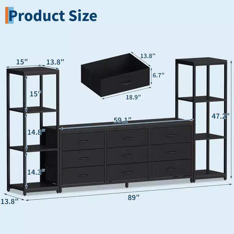 Meuble TV commode avec 9 tiroirs en tissu, grand meuble de divertissement avec 2 étagères de rangement industrielles à 4 niveaux, meuble TV console moderne