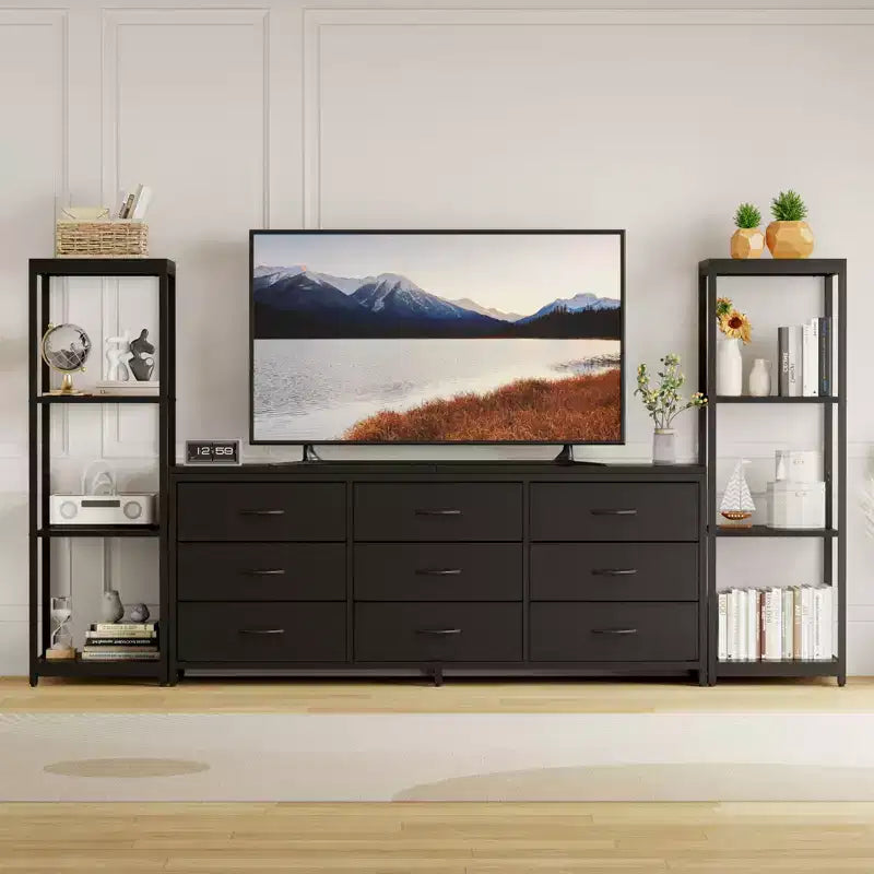 Meuble TV commode avec 9 tiroirs en tissu, grand meuble de divertissement avec 2 étagères de rangement industrielles à 4 niveaux, meuble TV console moderne