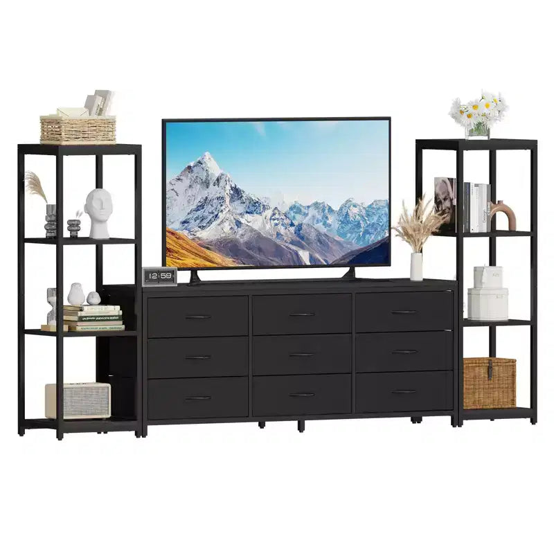 TV Stands Dresser with 9 Fabric Drawers, Large Entertainment Center with 2 Industrial 4-Tier Storage Shelves, Modern TV Console Cabinet