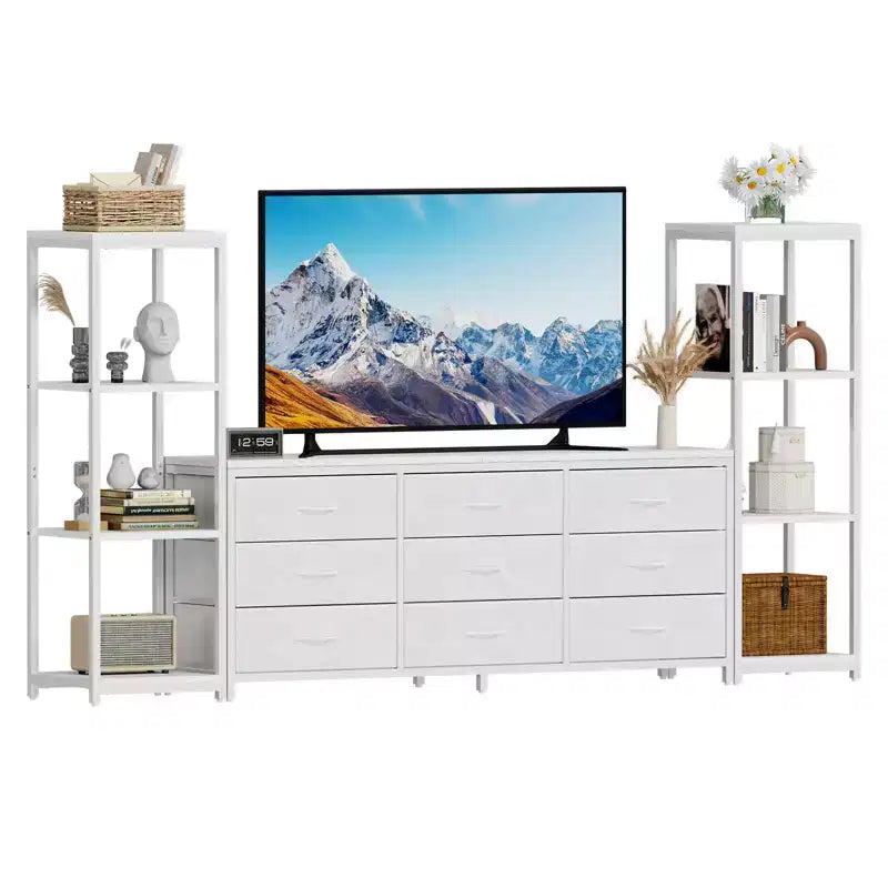 Meuble TV commode avec 9 tiroirs en tissu, grand meuble de divertissement avec 2 étagères de rangement industrielles à 4 niveaux, meuble TV console moderne
