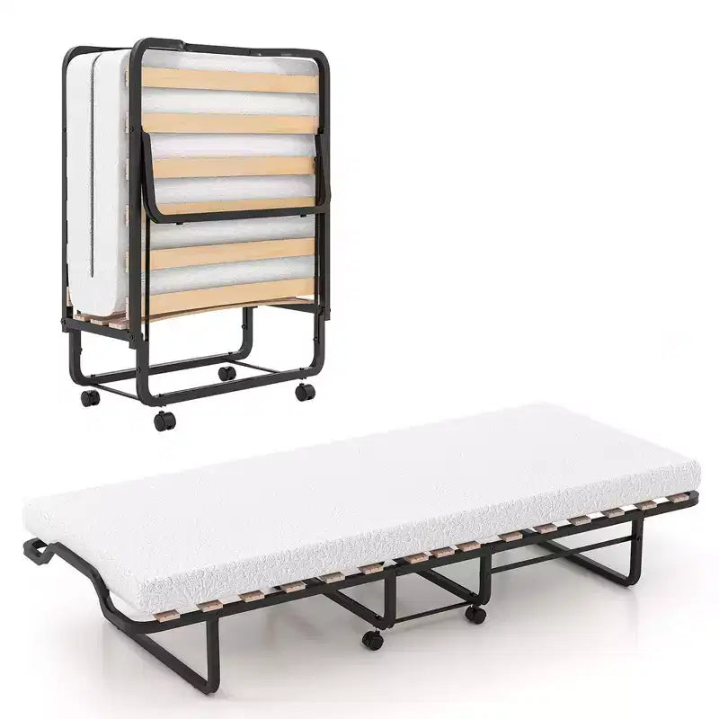 Costway Portable Foldable Guest Bed w/ Solid Wood Slats & Metal Frame Rollaway Bed for Adults w/ Wheel