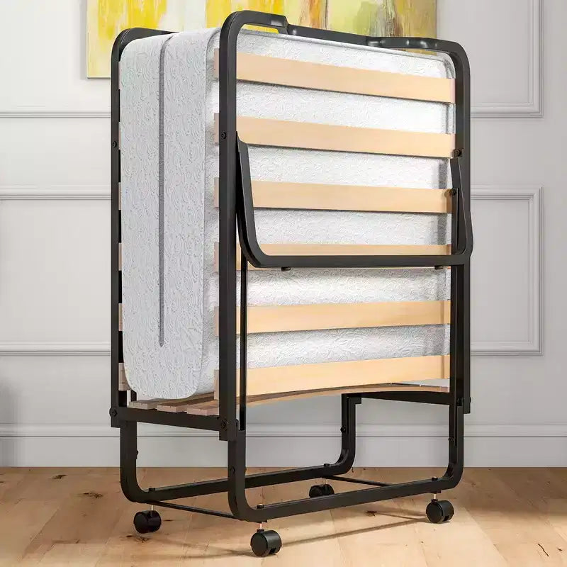 Lit d'appoint pliant portable avec lattes en bois massif et cadre en métal, lit escamotable pour adultes avec roues