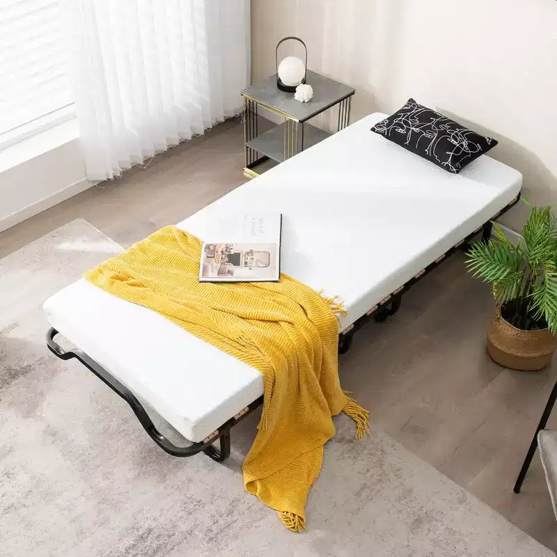 Lit d'appoint pliant portable avec lattes en bois massif et cadre en métal, lit escamotable pour adultes avec roues