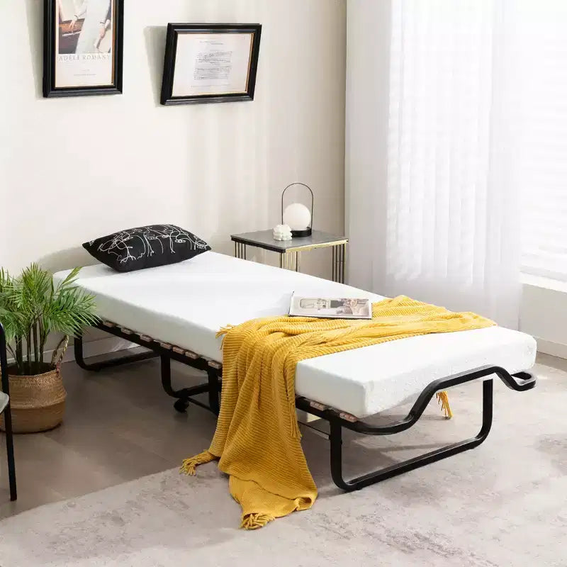 Lit d'appoint pliant portable avec lattes en bois massif et cadre en métal, lit escamotable pour adultes avec roues