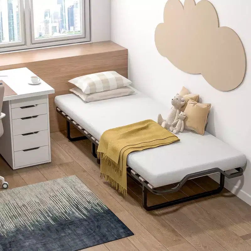 Lit d'appoint pliant portable avec lattes en bois massif et cadre en métal, lit escamotable pour adultes avec roues