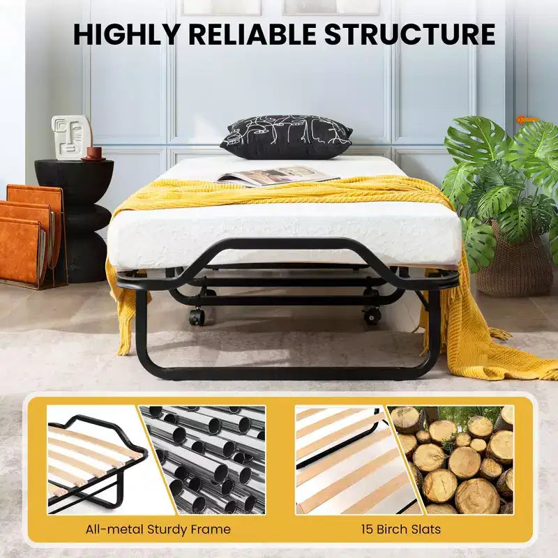 Lit d'appoint pliant portable avec lattes en bois massif et cadre en métal, lit escamotable pour adultes avec roues