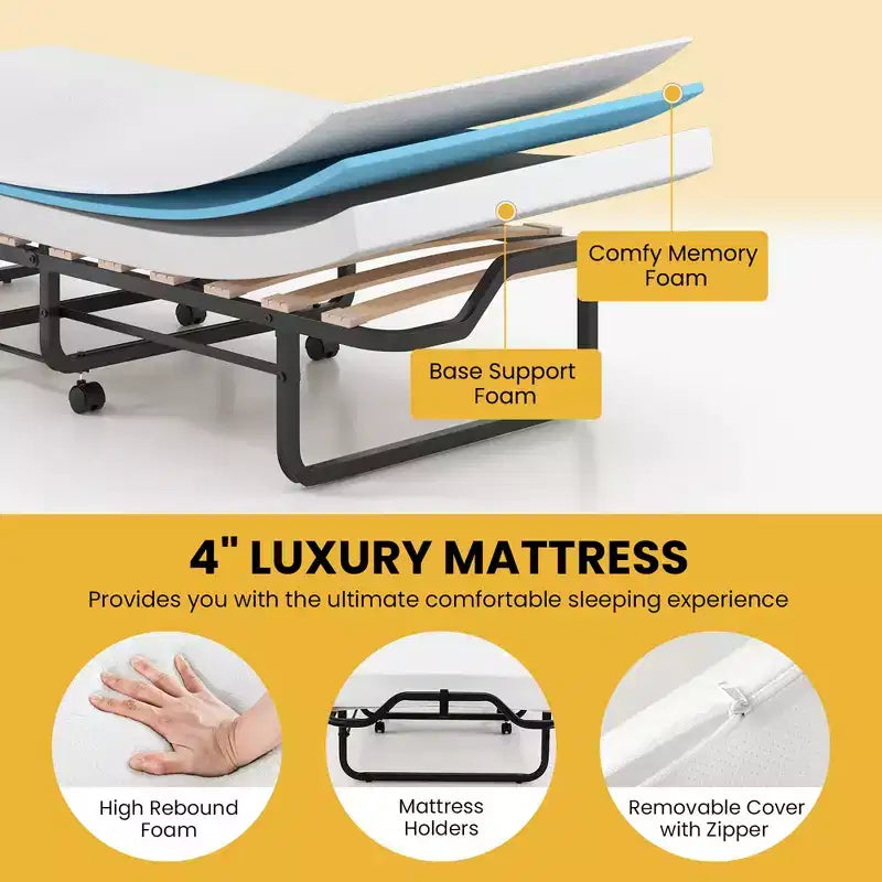 Lit d'appoint pliant portable avec lattes en bois massif et cadre en métal, lit escamotable pour adultes avec roues