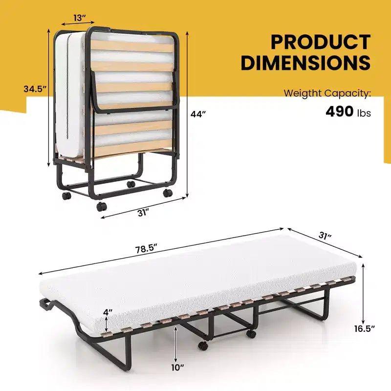 Lit d'appoint pliant portable avec lattes en bois massif et cadre en métal, lit escamotable pour adultes avec roues