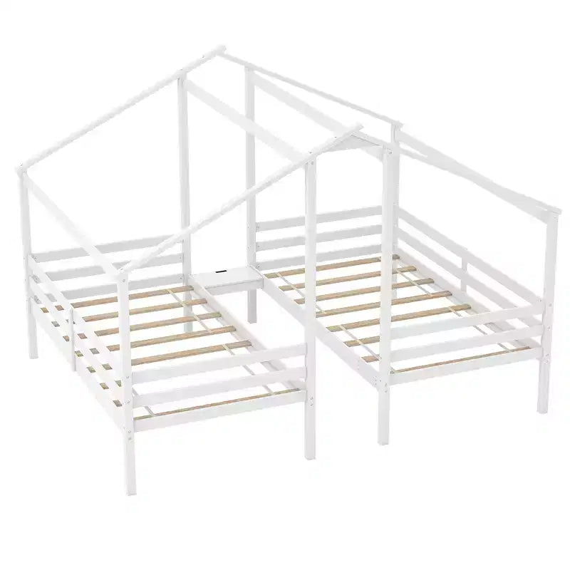 Costway Double Twin Size Bed Frames for Kids with Built-in Table & USB Port Guardrails