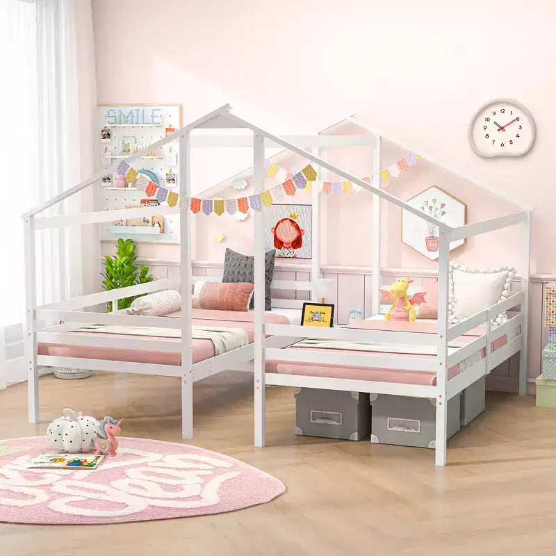 Lits superposés jumeaux pour enfants avec table intégrée et ports USB, et barrières de sécurité