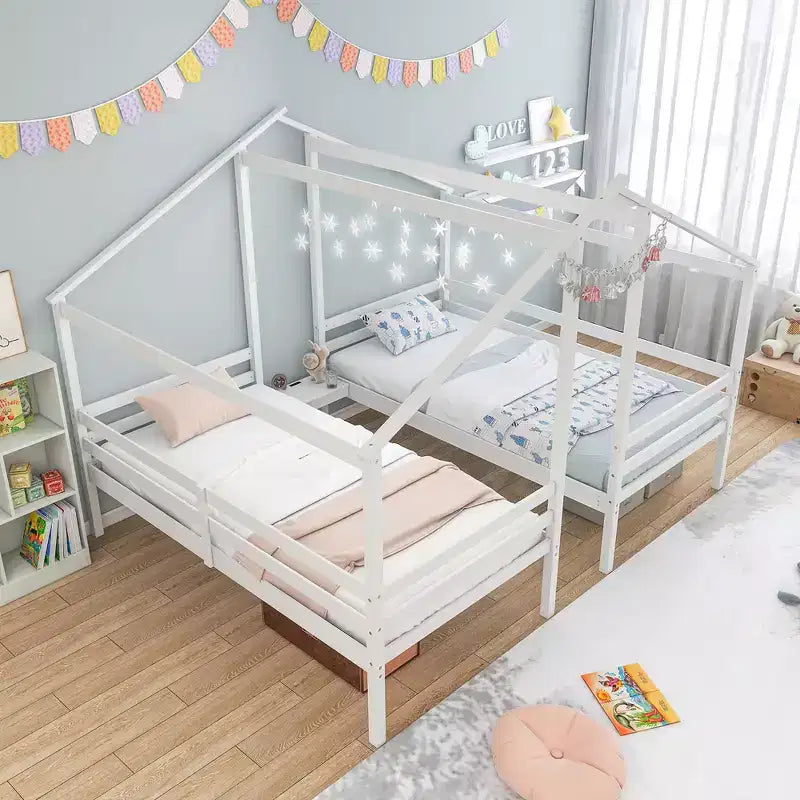 Lits superposés jumeaux pour enfants avec table intégrée et ports USB, et barrières de sécurité