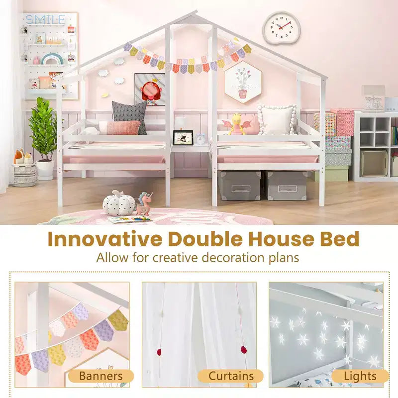 Lits superposés jumeaux pour enfants avec table intégrée et ports USB, et barrières de sécurité