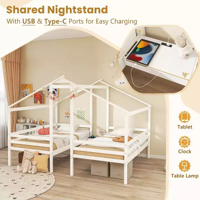 Lits superposés jumeaux pour enfants avec table intégrée et ports USB, et barrières de sécurité
