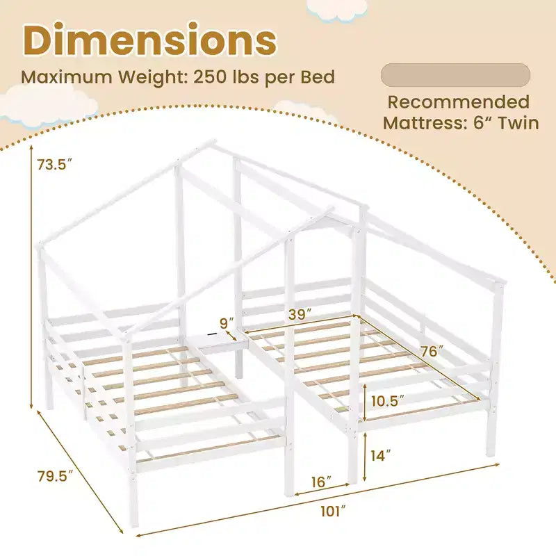 Lits superposés jumeaux pour enfants avec table intégrée et ports USB, et barrières de sécurité