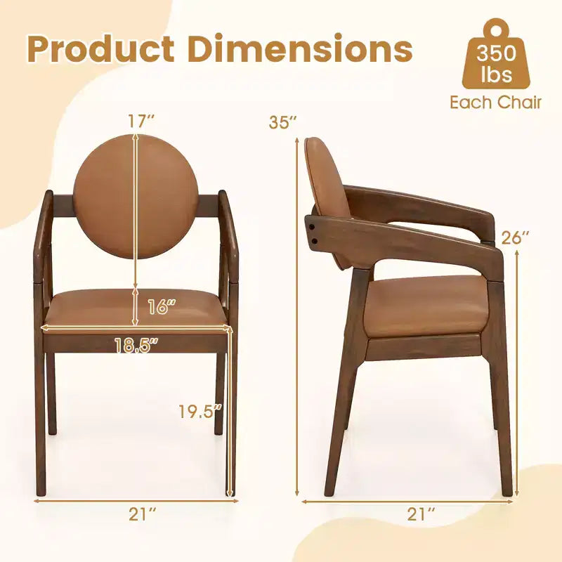 Chaise de salle à manger en bois (lot de 2) avec accoudoirs, dossier et assise rembourrés, structure en bois d'hévéa