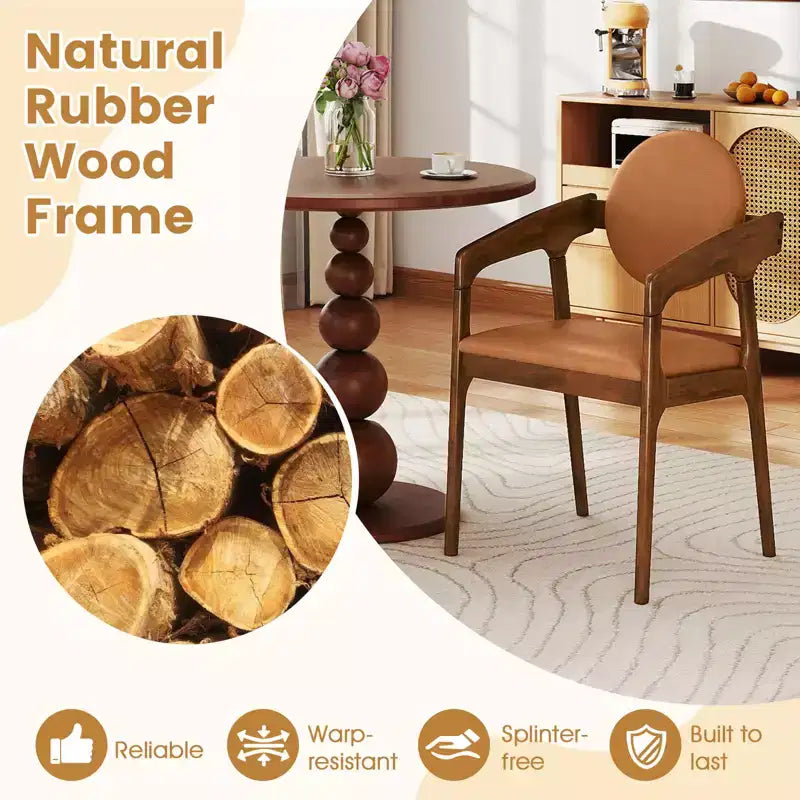 Chaise de salle à manger en bois (lot de 2) avec accoudoirs, dossier et assise rembourrés, structure en bois d'hévéa