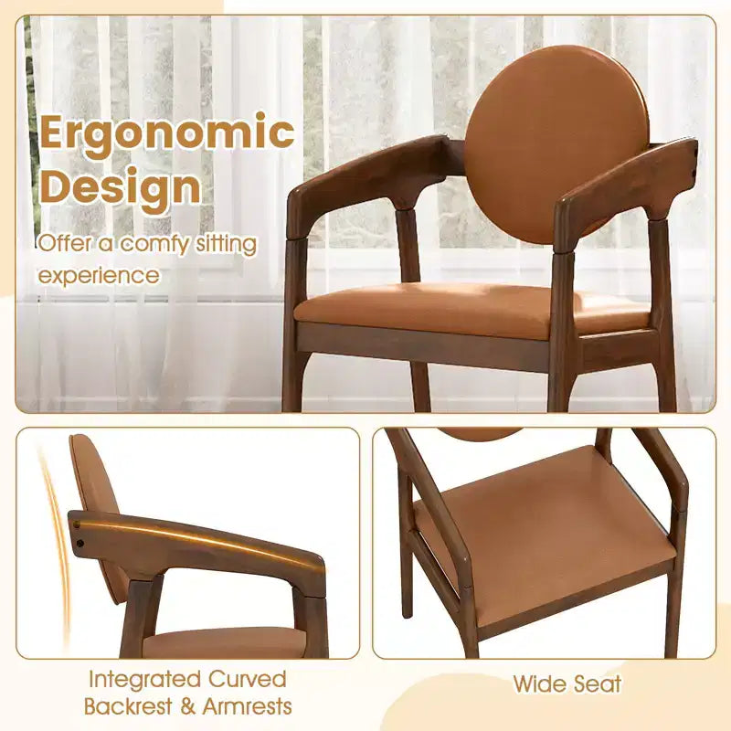 Chaise de salle à manger en bois (lot de 2) avec accoudoirs, dossier et assise rembourrés, structure en bois d'hévéa