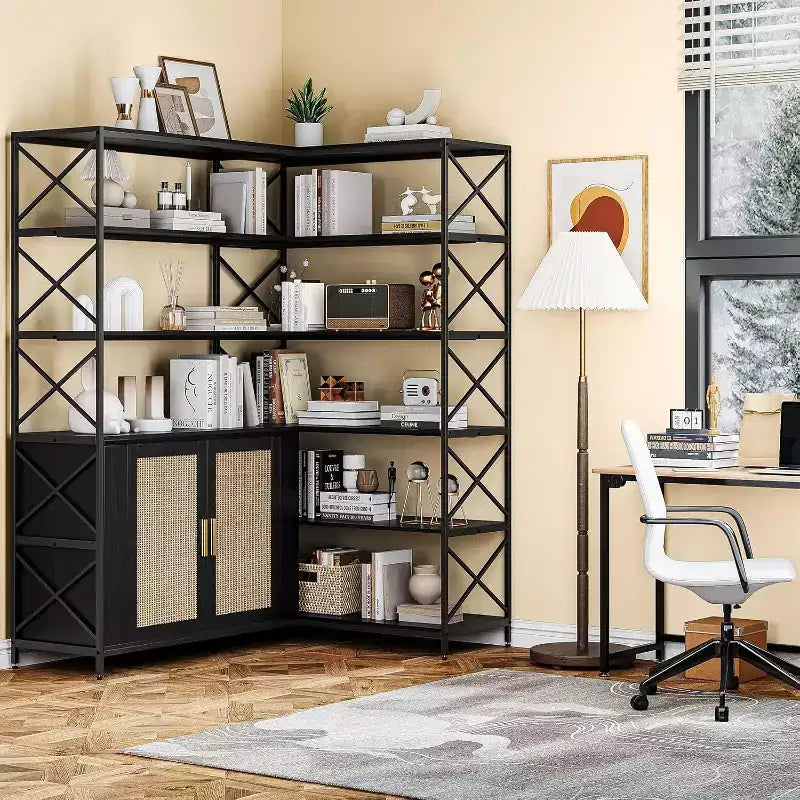 6-Tier L-Shaped Corner Bookshelf, Farmhouse Bookcase with Storage Cabinet and Shelves, Industrial Wooden Display Rack for Kitchen Living Room