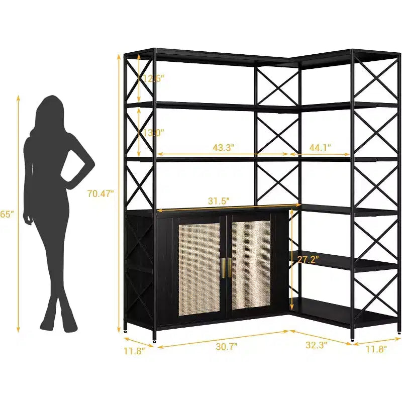 Étagère d'angle en forme de L à 6 niveaux, bibliothèque de style ferme avec armoire de rangement et étagères, étagère de présentation industrielle en bois pour cuisine, salon