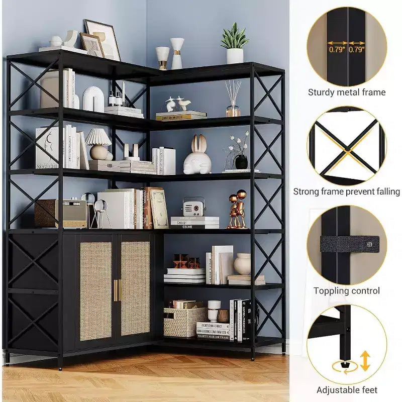 Étagère d'angle en forme de L à 6 niveaux, bibliothèque de style ferme avec armoire de rangement et étagères, étagère de présentation industrielle en bois pour cuisine, salon