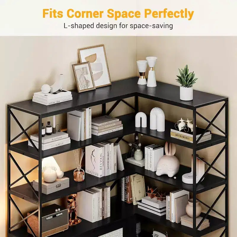 Étagère d'angle en forme de L à 6 niveaux, bibliothèque de style ferme avec armoire de rangement et étagères, étagère de présentation industrielle en bois pour cuisine, salon