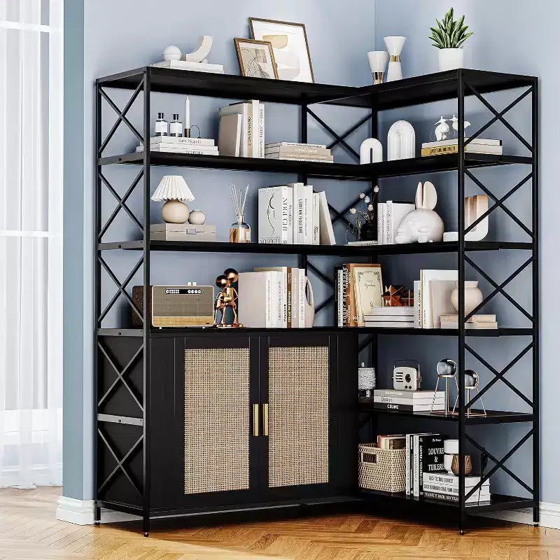 Étagère d'angle en forme de L à 6 niveaux, bibliothèque de style ferme avec armoire de rangement et étagères, étagère de présentation industrielle en bois pour cuisine, salon