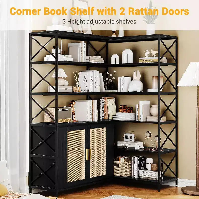 Étagère d'angle en forme de L à 6 niveaux, bibliothèque de style ferme avec armoire de rangement et étagères, étagère de présentation industrielle en bois pour cuisine, salon