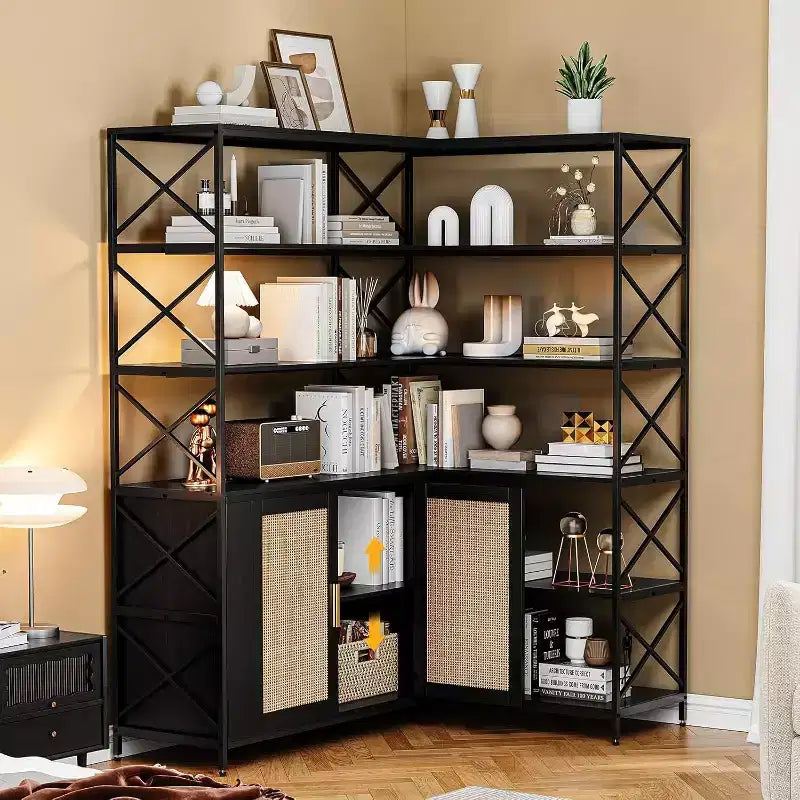 Étagère d'angle en forme de L à 6 niveaux, bibliothèque de style ferme avec armoire de rangement et étagères, étagère de présentation industrielle en bois pour cuisine, salon
