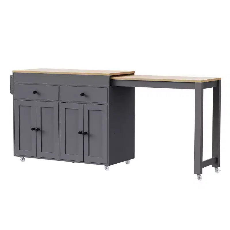 Îlot de cuisine avec table à manger extensible, îlot de cuisine roulant sur roulettes avec 2 tiroirs, chariot de rangement de cuisine avec armoire à 4 portes