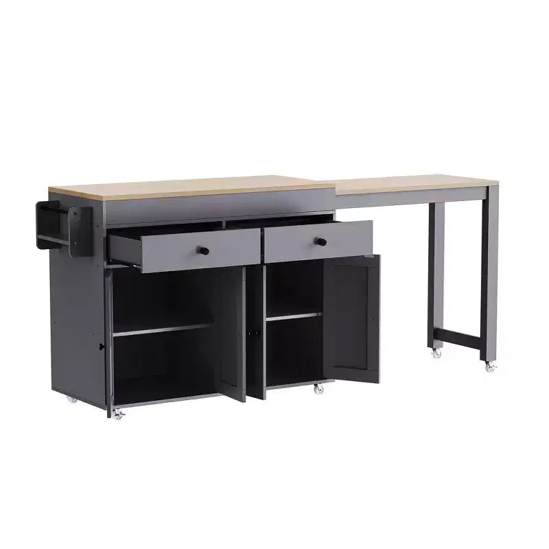 Îlot de cuisine avec table à manger extensible, îlot de cuisine roulant sur roulettes avec 2 tiroirs, chariot de rangement de cuisine avec armoire à 4 portes