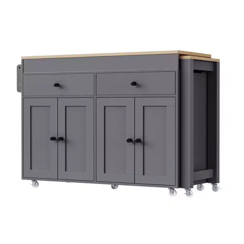 Îlot de cuisine avec table à manger extensible, îlot de cuisine roulant sur roulettes avec 2 tiroirs, chariot de rangement de cuisine avec armoire à 4 portes