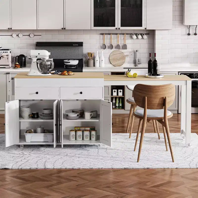 Îlot de cuisine avec table à manger extensible, îlot de cuisine roulant sur roulettes avec 2 tiroirs, chariot de rangement de cuisine avec armoire à 4 portes