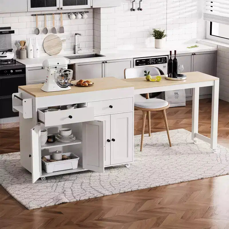 Îlot de cuisine avec table à manger extensible, îlot de cuisine roulant sur roulettes avec 2 tiroirs, chariot de rangement de cuisine avec armoire à 4 portes
