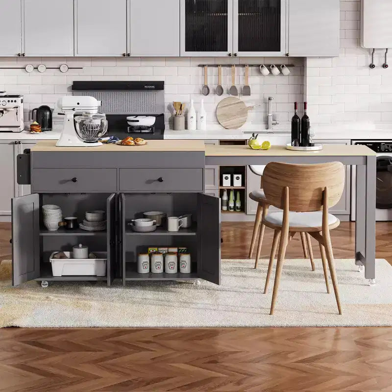 Îlot de cuisine avec table à manger extensible, îlot de cuisine roulant sur roulettes avec 2 tiroirs, chariot de rangement de cuisine avec armoire à 4 portes