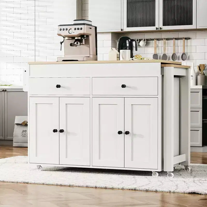 Îlot de cuisine avec table à manger extensible, îlot de cuisine roulant sur roulettes avec 2 tiroirs, chariot de rangement de cuisine avec armoire à 4 portes