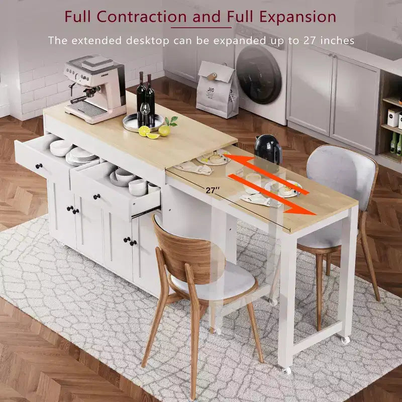 Îlot de cuisine avec table à manger extensible, îlot de cuisine roulant sur roulettes avec 2 tiroirs, chariot de rangement de cuisine avec armoire à 4 portes