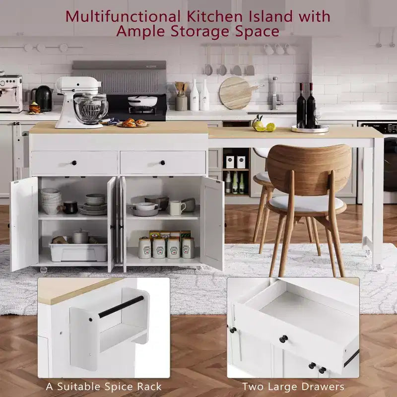 Îlot de cuisine avec table à manger extensible, îlot de cuisine roulant sur roulettes avec 2 tiroirs, chariot de rangement de cuisine avec armoire à 4 portes