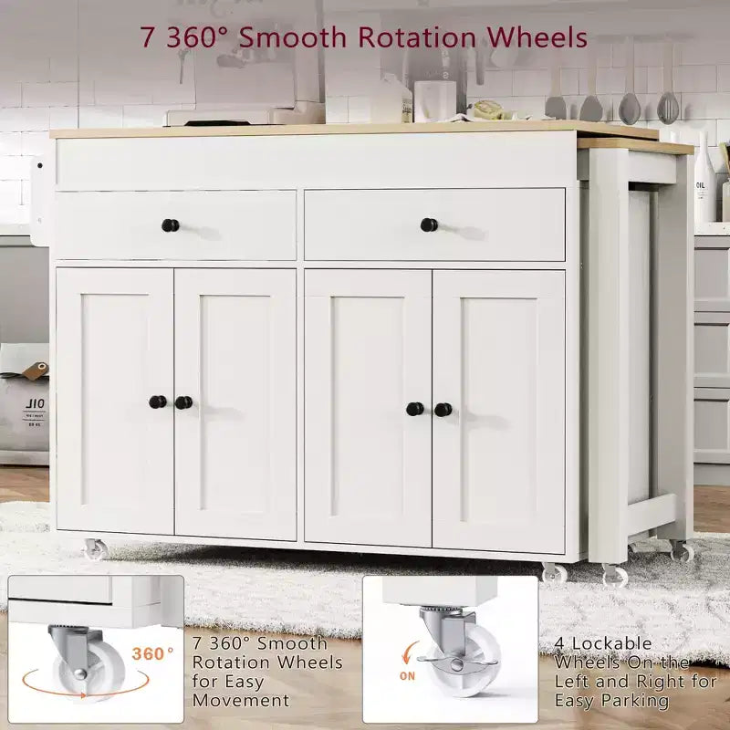 Îlot de cuisine avec table à manger extensible, îlot de cuisine roulant sur roulettes avec 2 tiroirs, chariot de rangement de cuisine avec armoire à 4 portes
