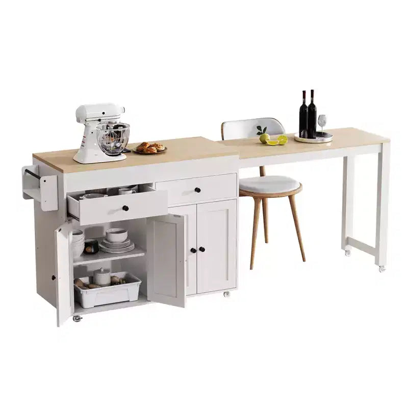 Îlot de cuisine avec table à manger extensible, îlot de cuisine roulant sur roulettes avec 2 tiroirs, chariot de rangement de cuisine avec armoire à 4 portes
